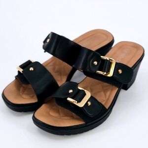 Patrizia by Spring Step Remy Slide Heeled Sandal Black Gold Buckle Size 38